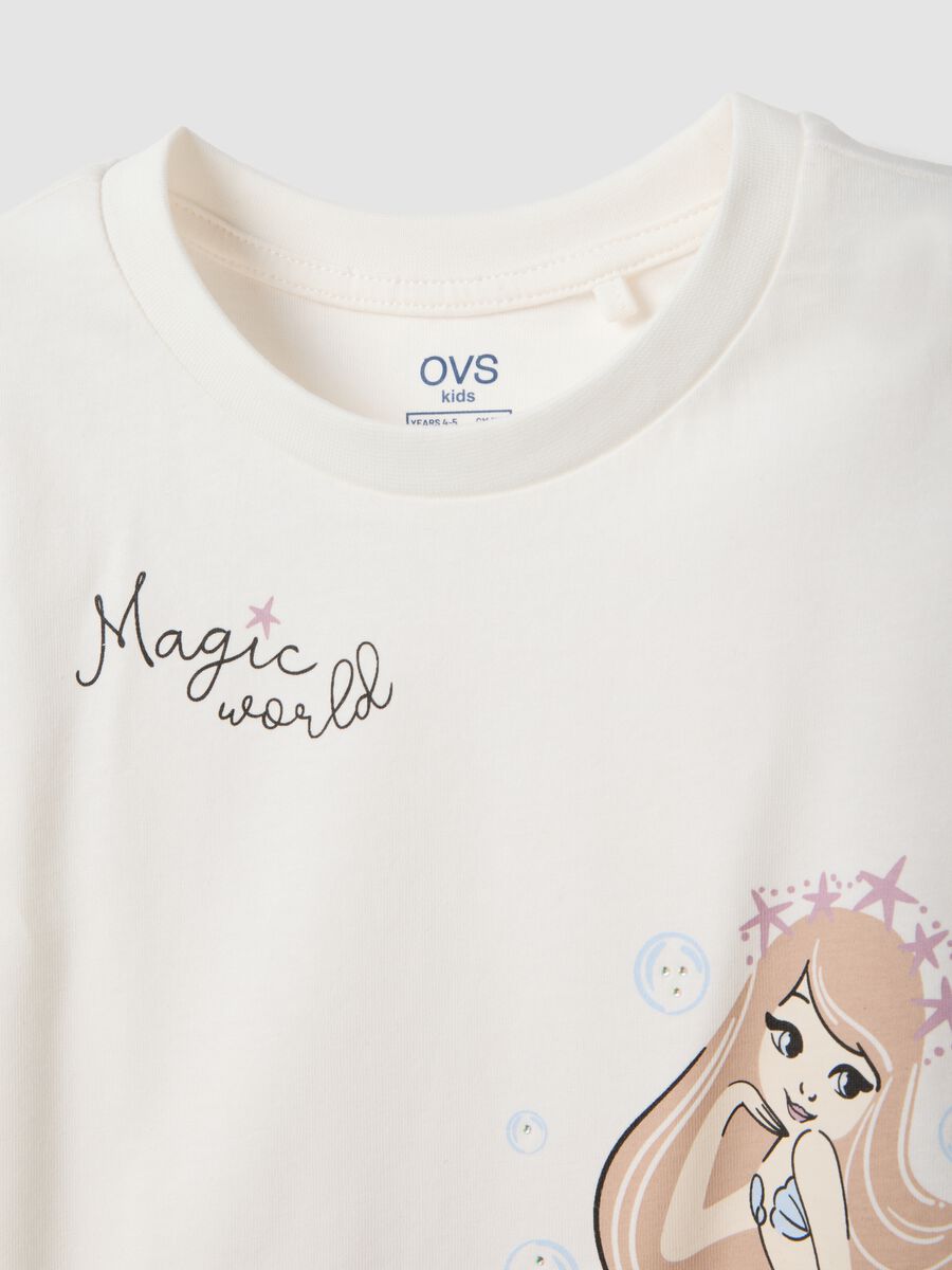 Set t-shirt shorts bianco e rosa in puro cotone da bambina con sirena_2