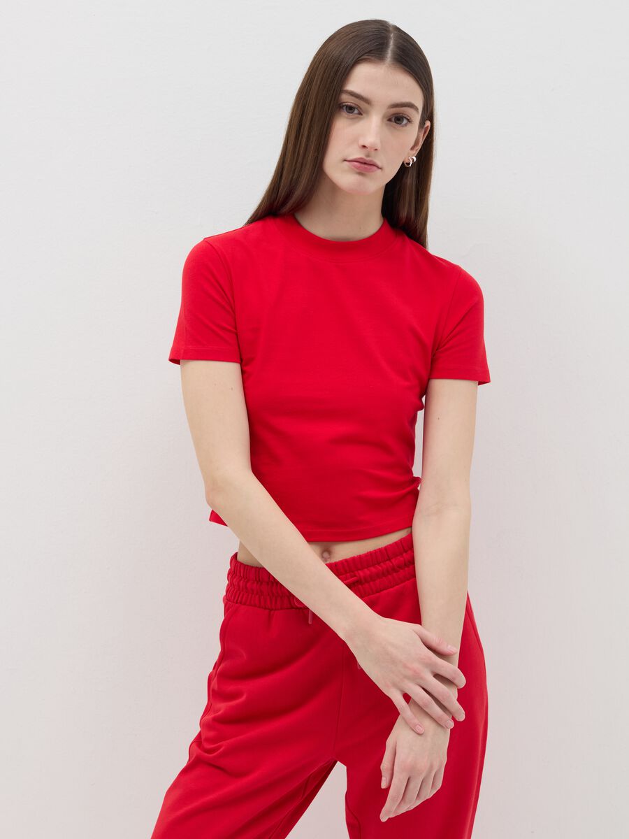 Stretch cotton T-shirt with mock neck_0