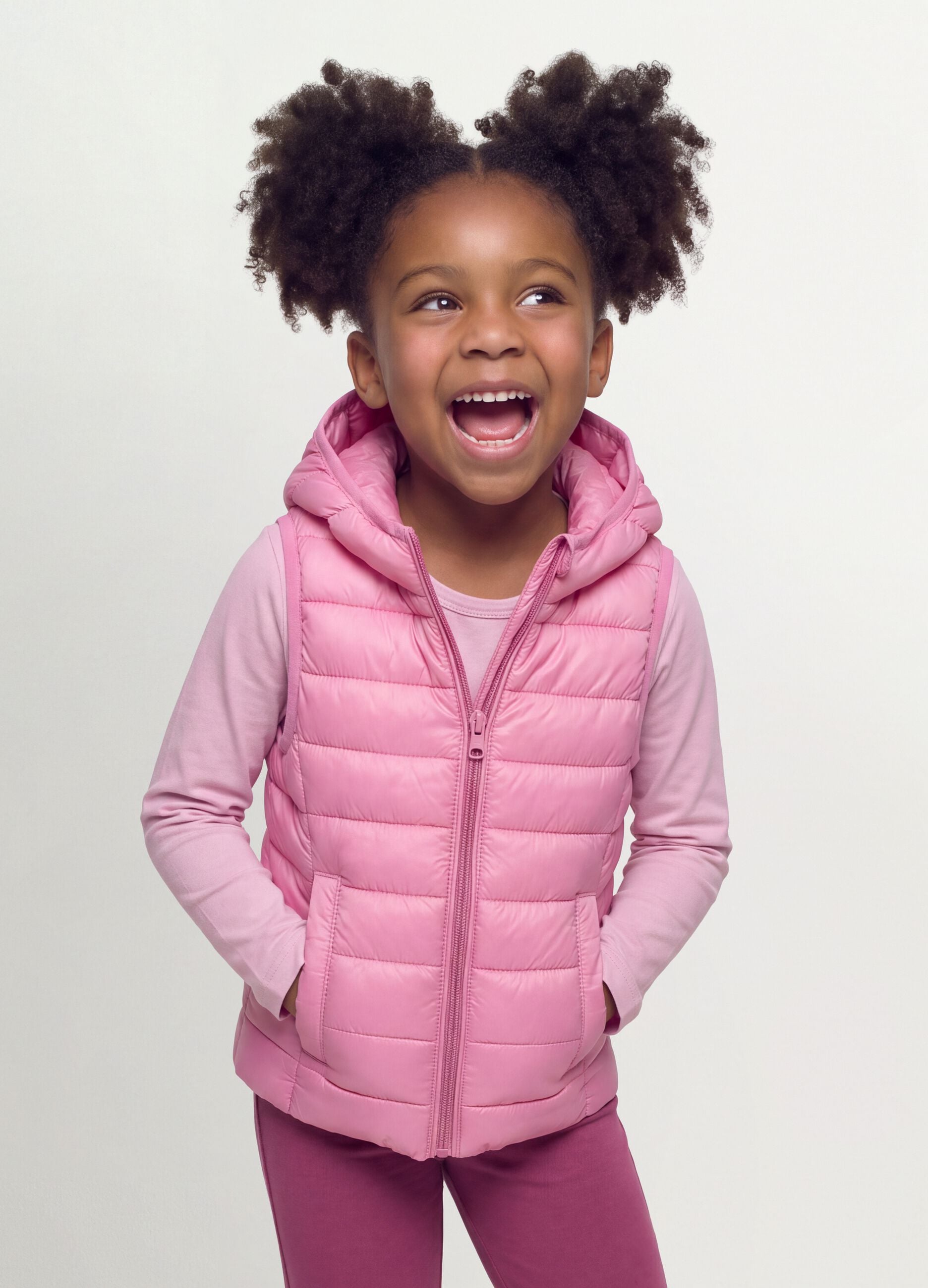 Pink padded ultralight gilet with hood and zip for girls