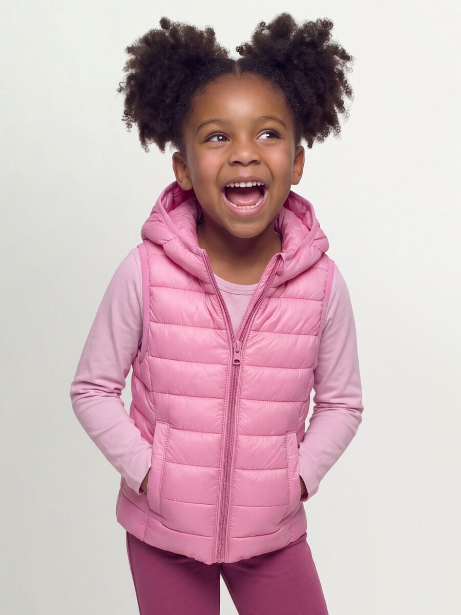 Pink padded ultralight gilet with hood and zip for girls_0