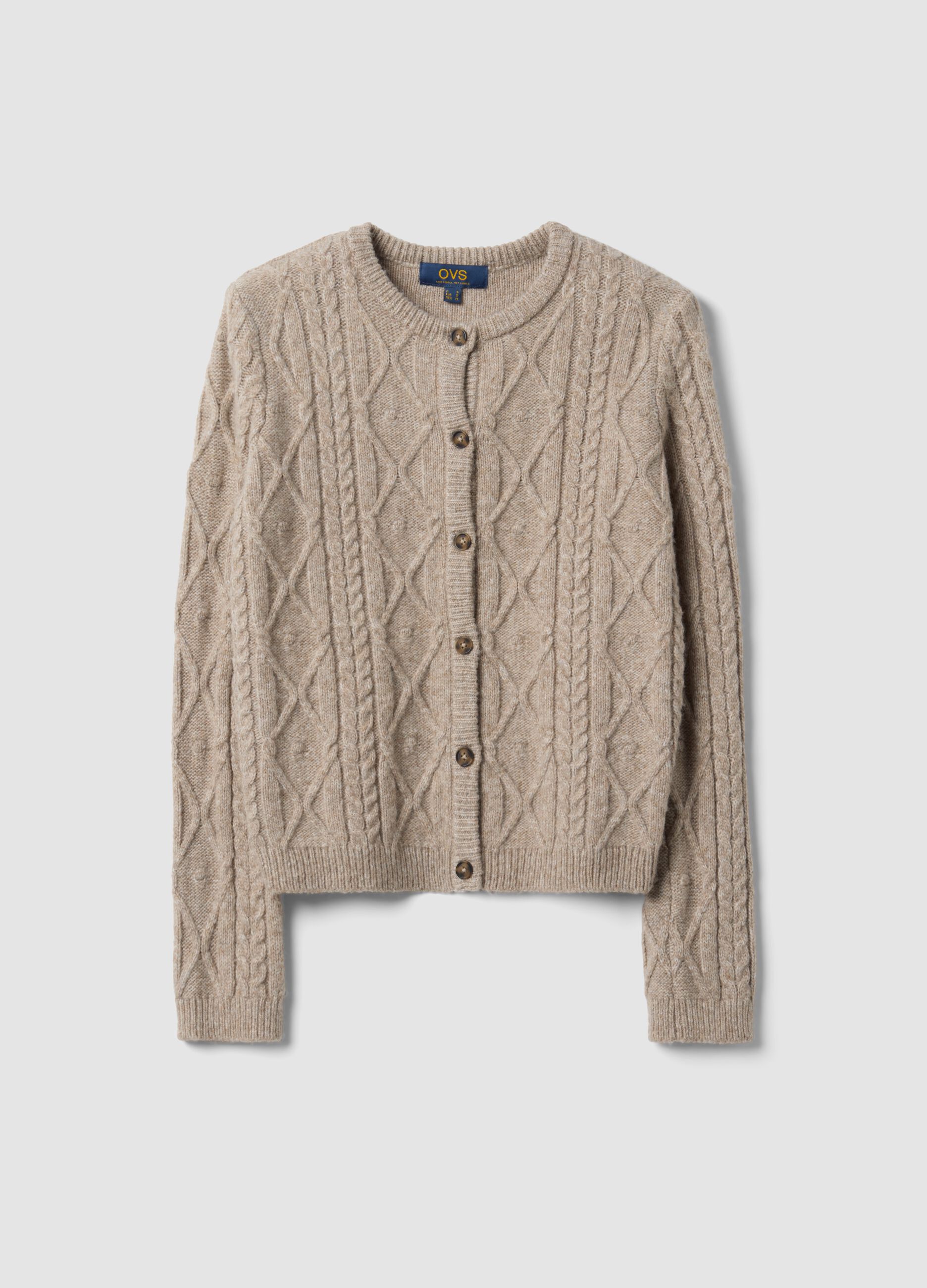 Beige cable-knit wool-blend cardigan