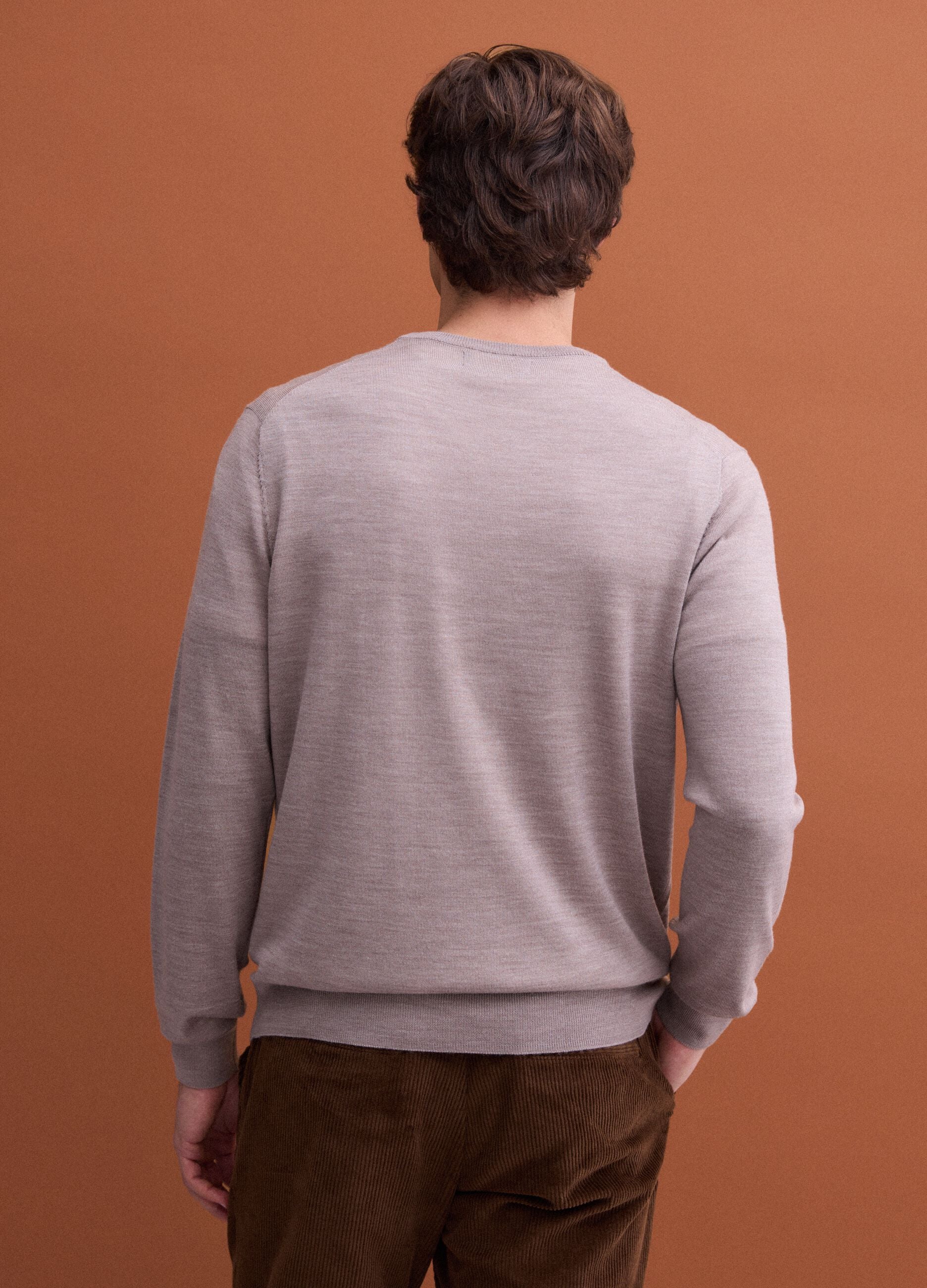 Beige pure merino wool crew-neck jumper, regular fit