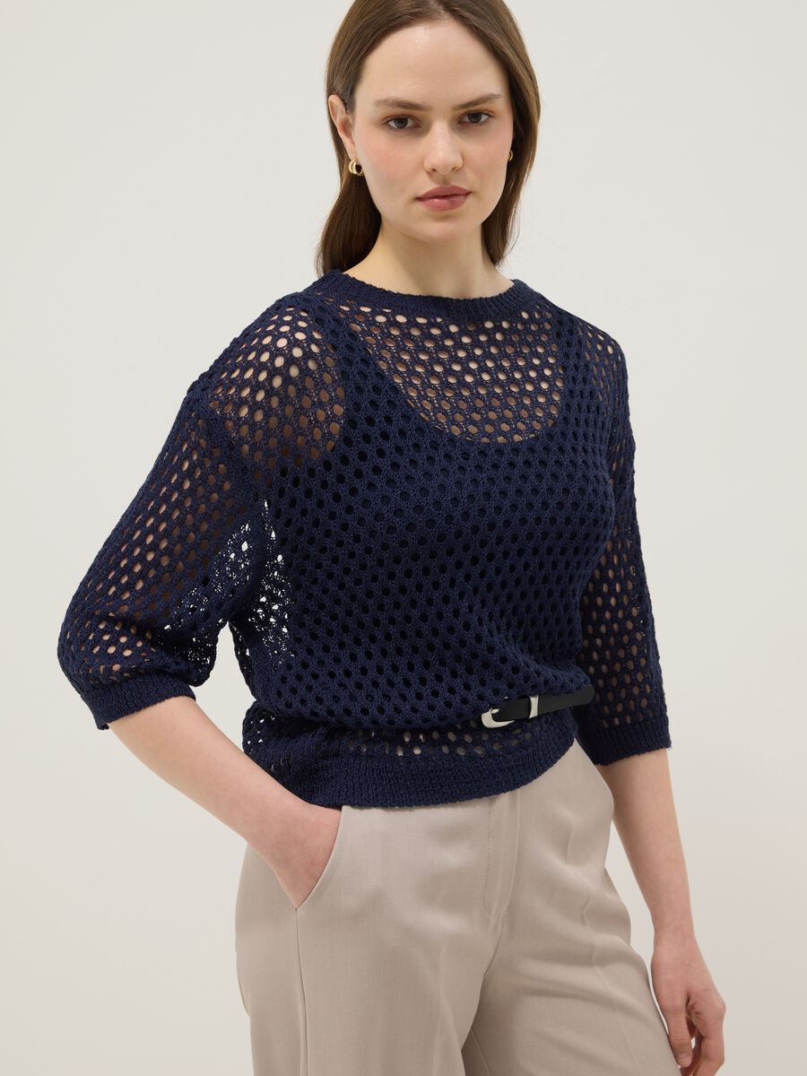 Blue open-knit three-quarter sleeve top_1