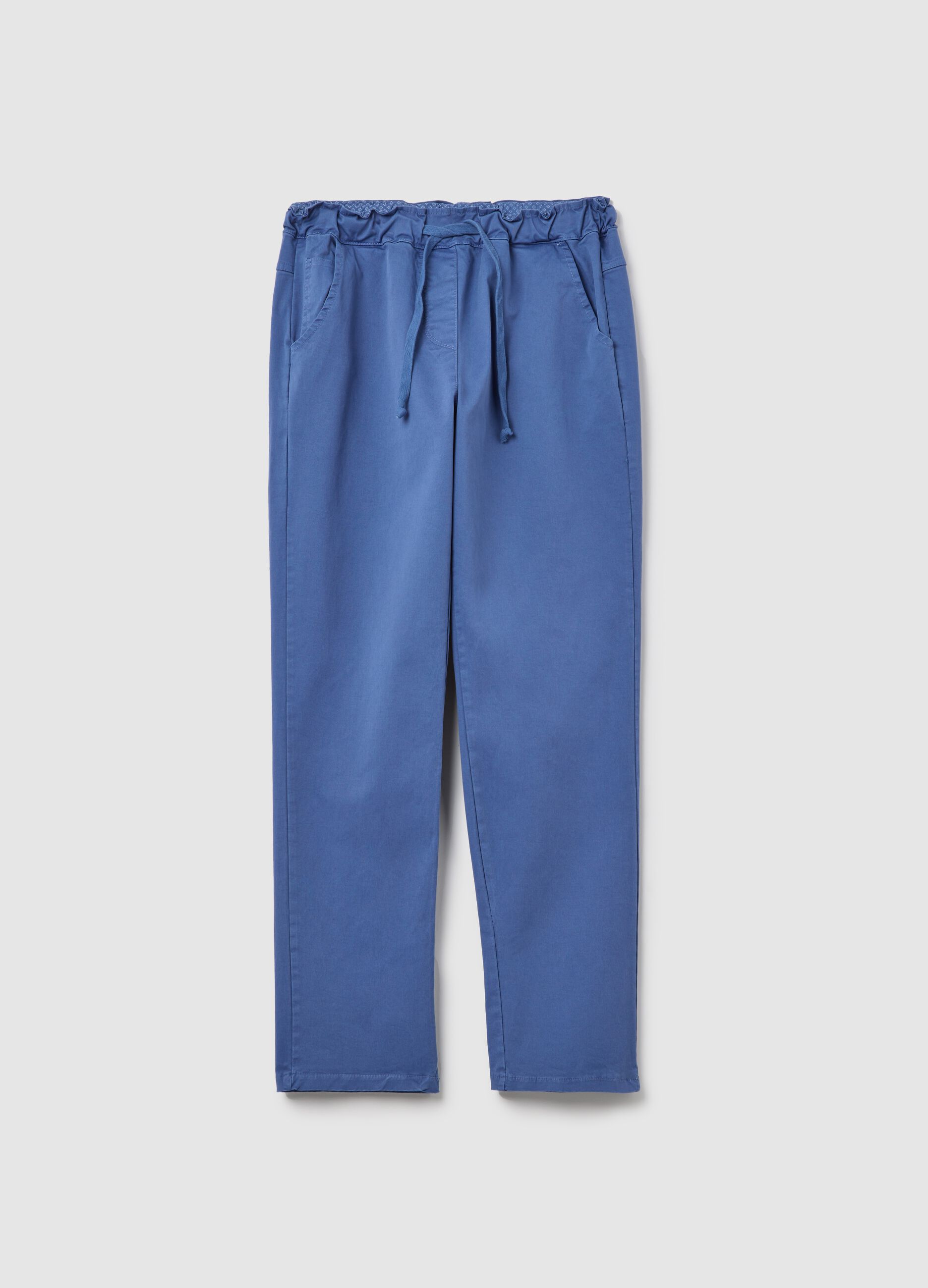 Blue stretch cotton trousers with drawstring