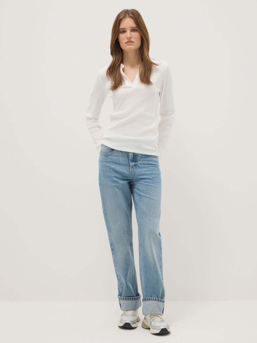 White long sleeve polo with V-neck in pure cotton regular fit_1