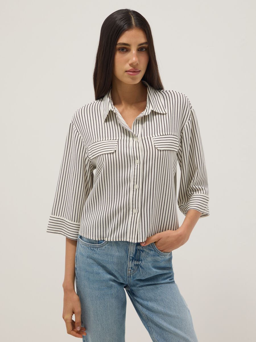 Regular-fit white and brown striped viscose-linen blend shirt_1