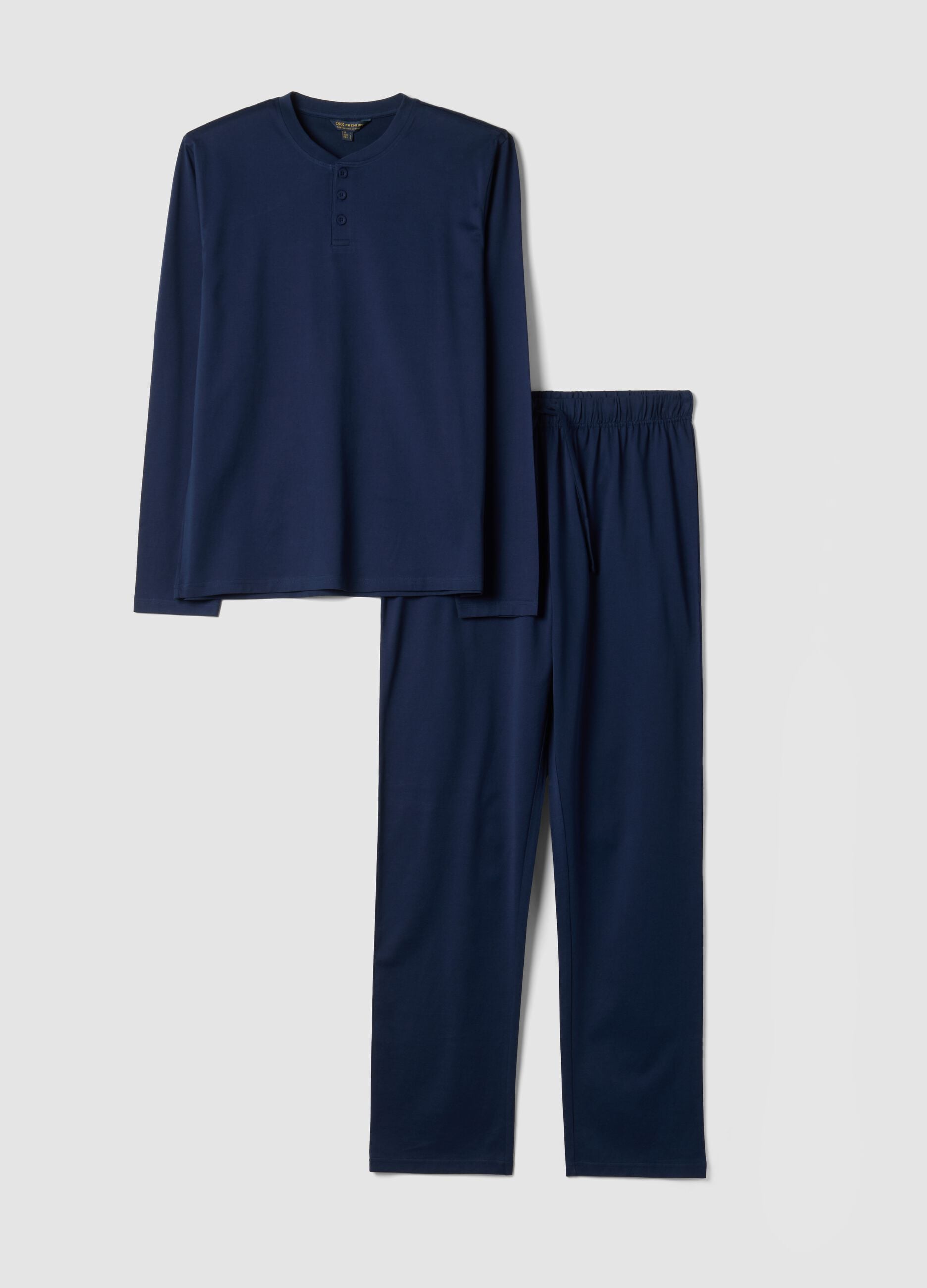 Blue pure organic cotton pyjamas with Henley neckline, regular fit