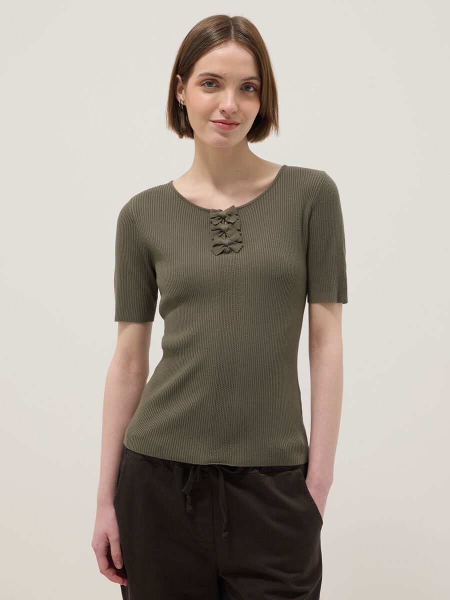 Regular fit green viscose blend T-shirt with bows_0
