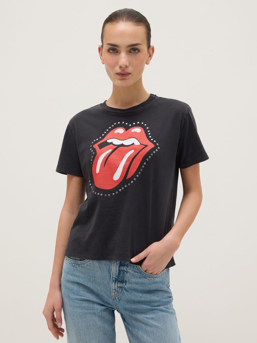 Black pure cotton regular fit T-shirt with Rolling Stones print_0