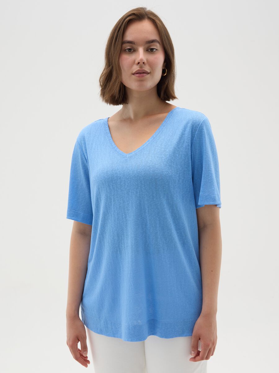 Women's blue mixed fabric regular fit T-shirt_0