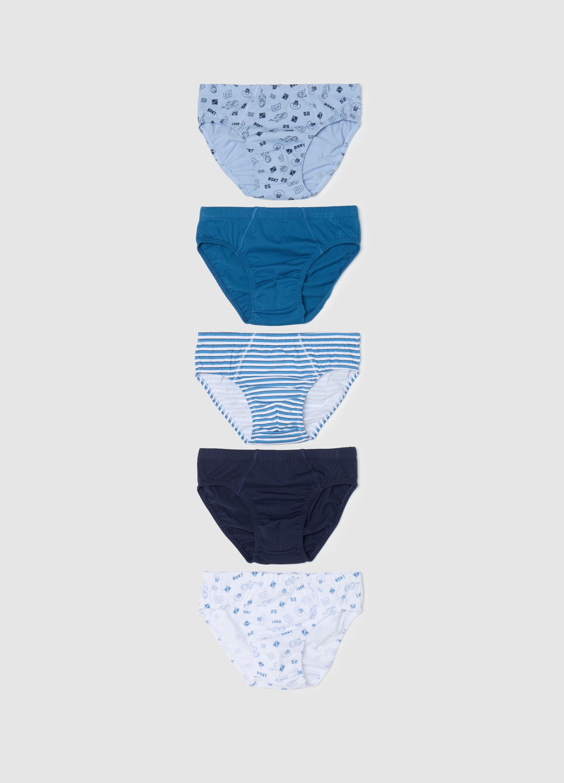 Five-pack briefs in cotton with stripes and print