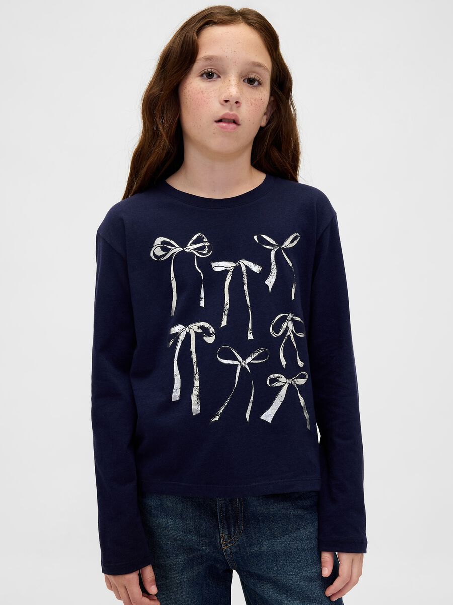 Maglietta blu a maniche lunghe in cotone con fiocchi_0