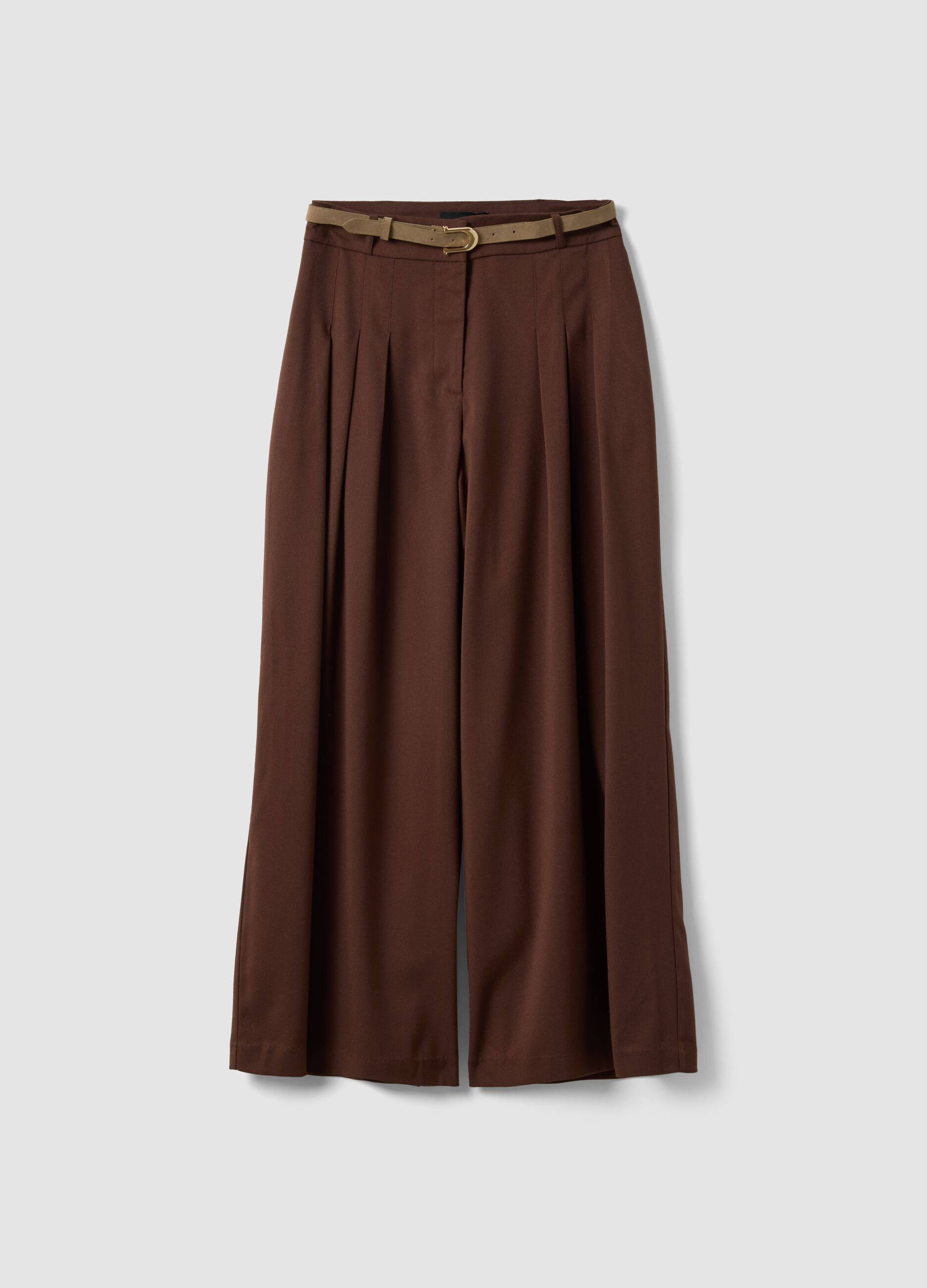 Brown wide-leg formal trousers in stretch viscose with belt