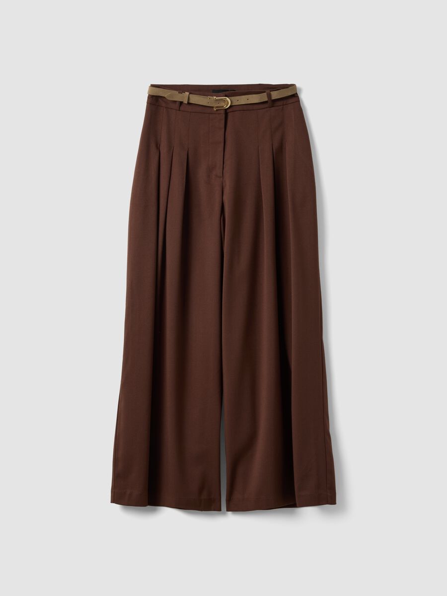 Brown wide-leg formal trousers in stretch viscose with belt_4