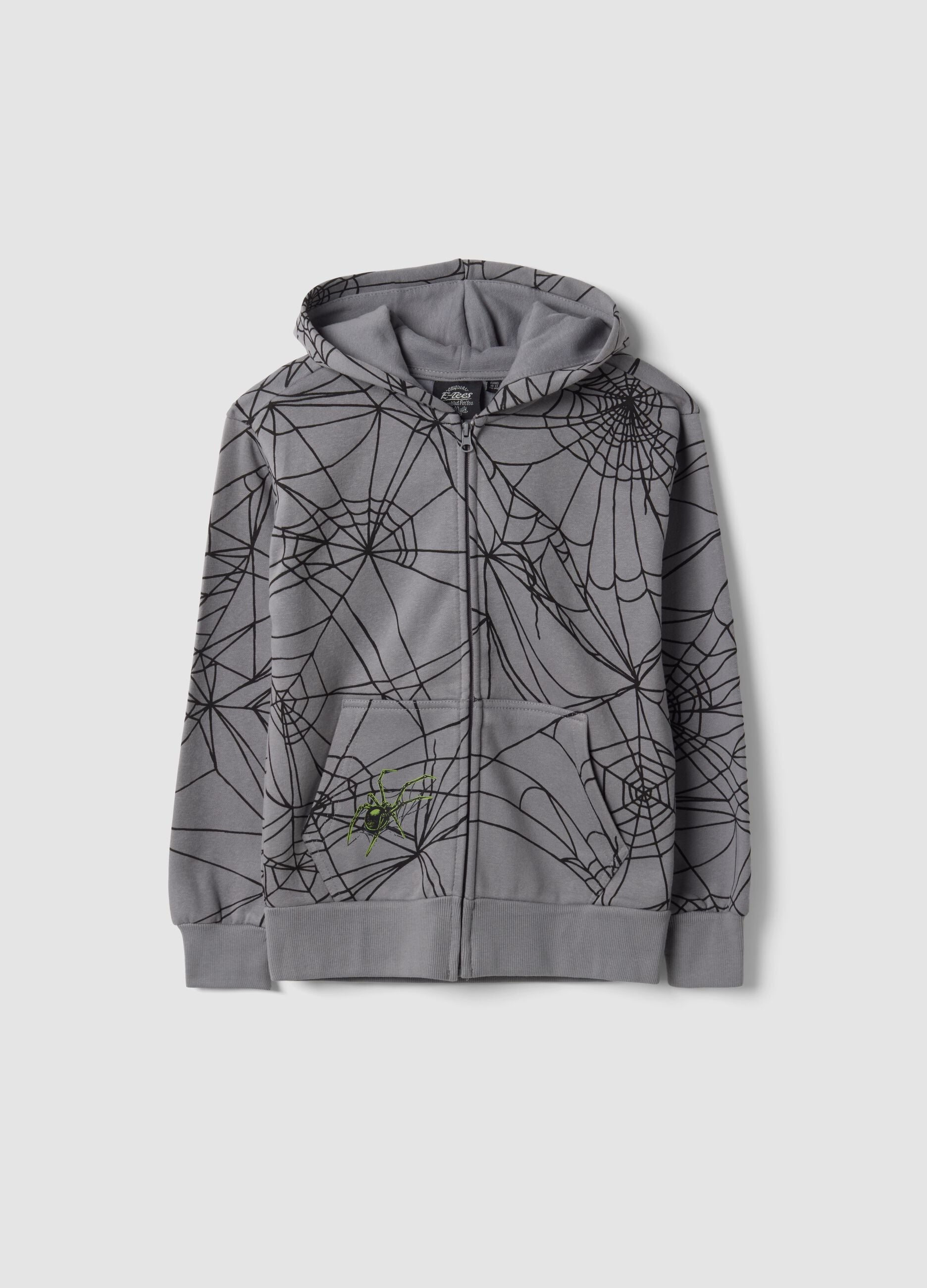Grey cotton-blend hooded zip sweatshirt with spiderweb print