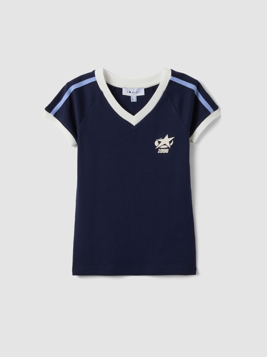 Blue pure cotton V-neck T-shirt with front print_4