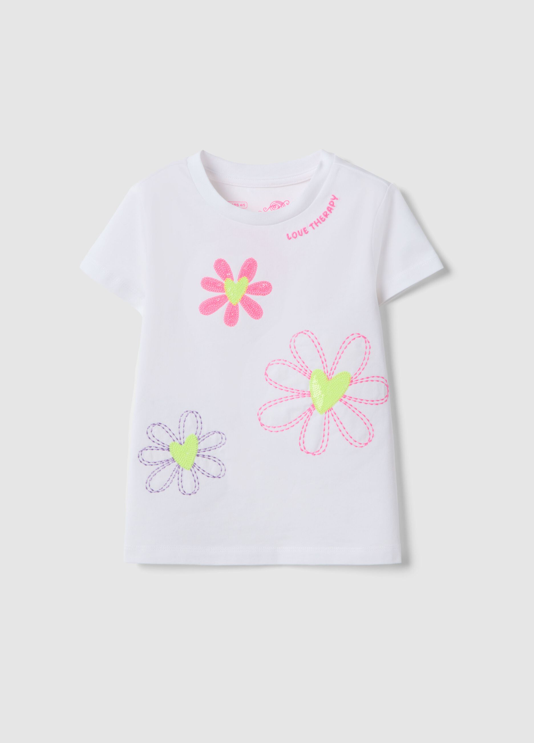 White girl's stretch cotton T-shirt with embroidered flowers
