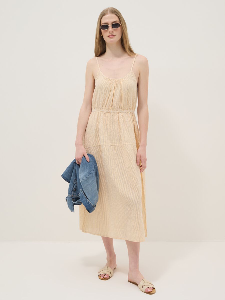 Abito beige a righe in puro cotone regular fit con spalline sottili_0