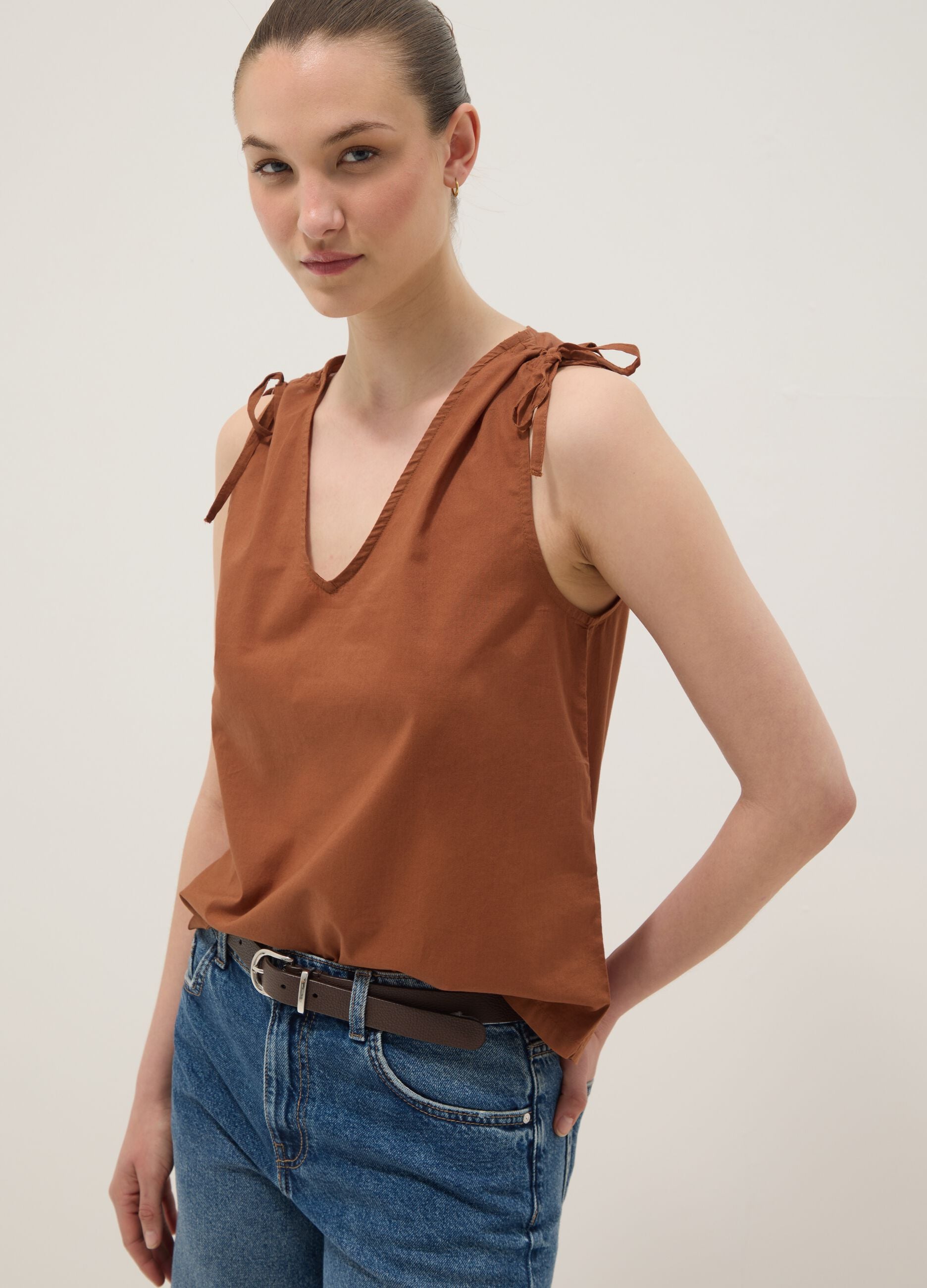 Brown pure cotton V-neck blouse