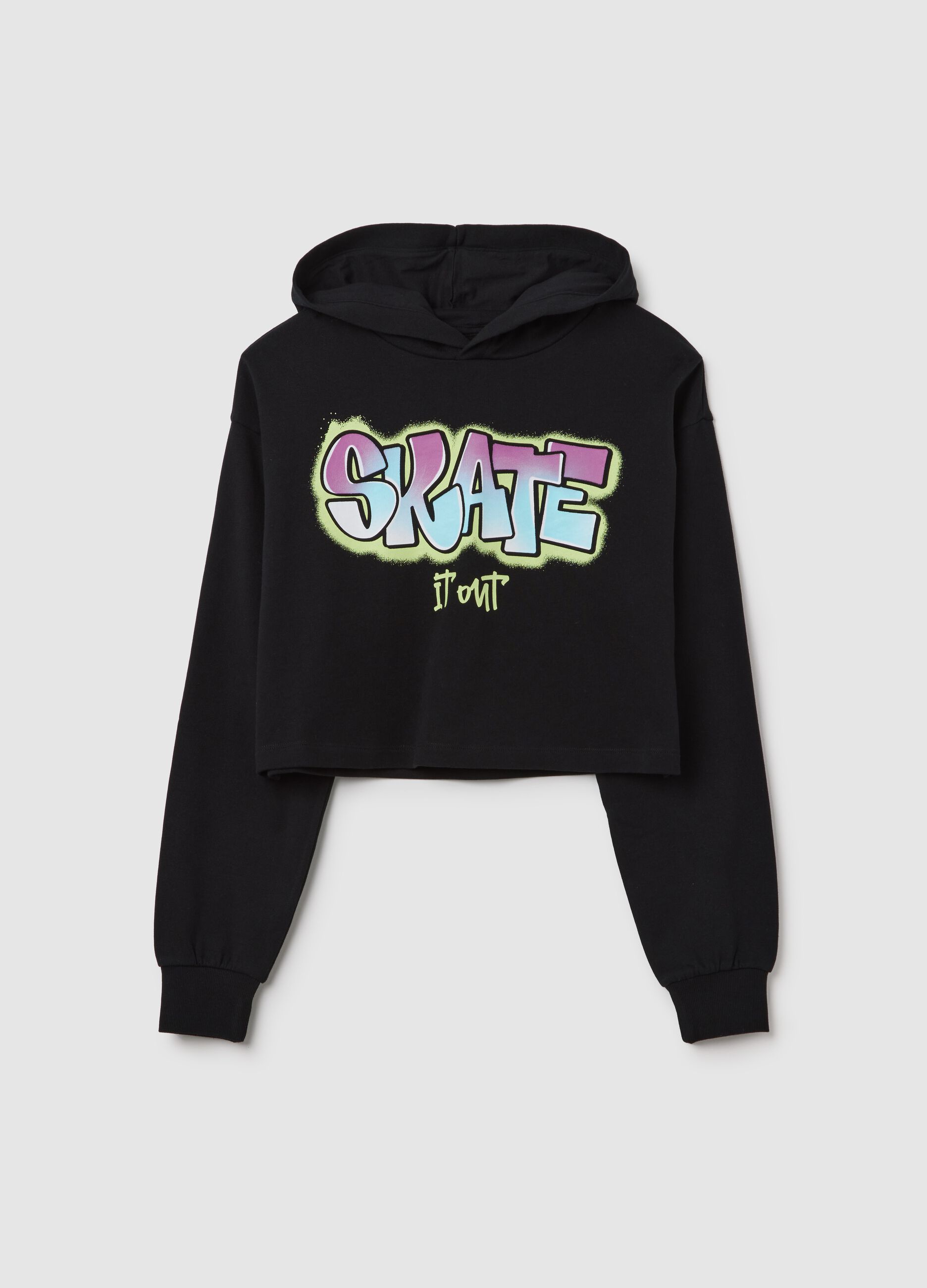 Felpa crop con cappuccio e stampa "Skate it out"