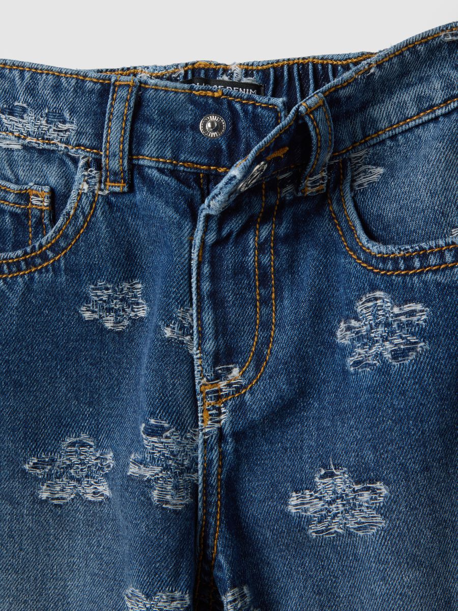 Girls' blue pure cotton jeans regular fit with flowers_2