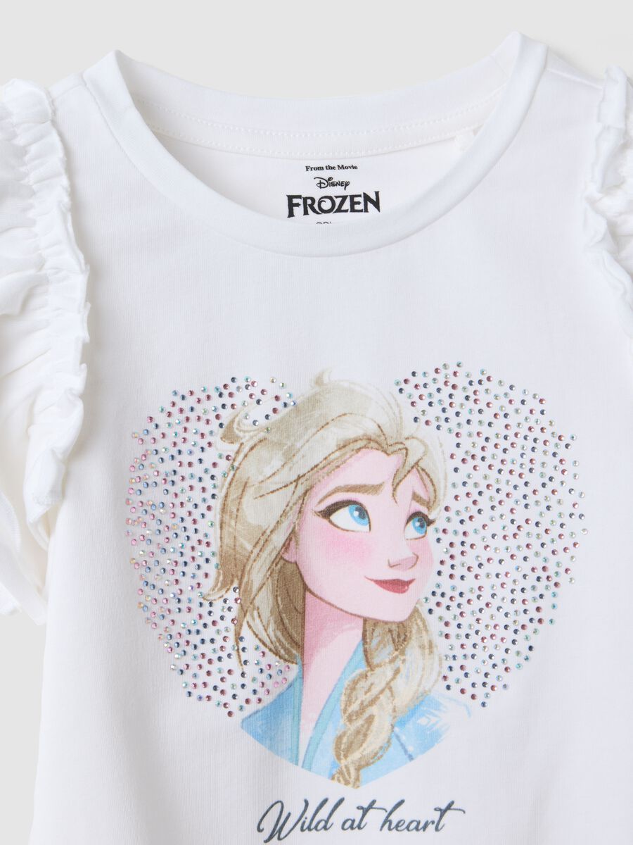 Girls' white stretch cotton T-shirt with frills and print_2