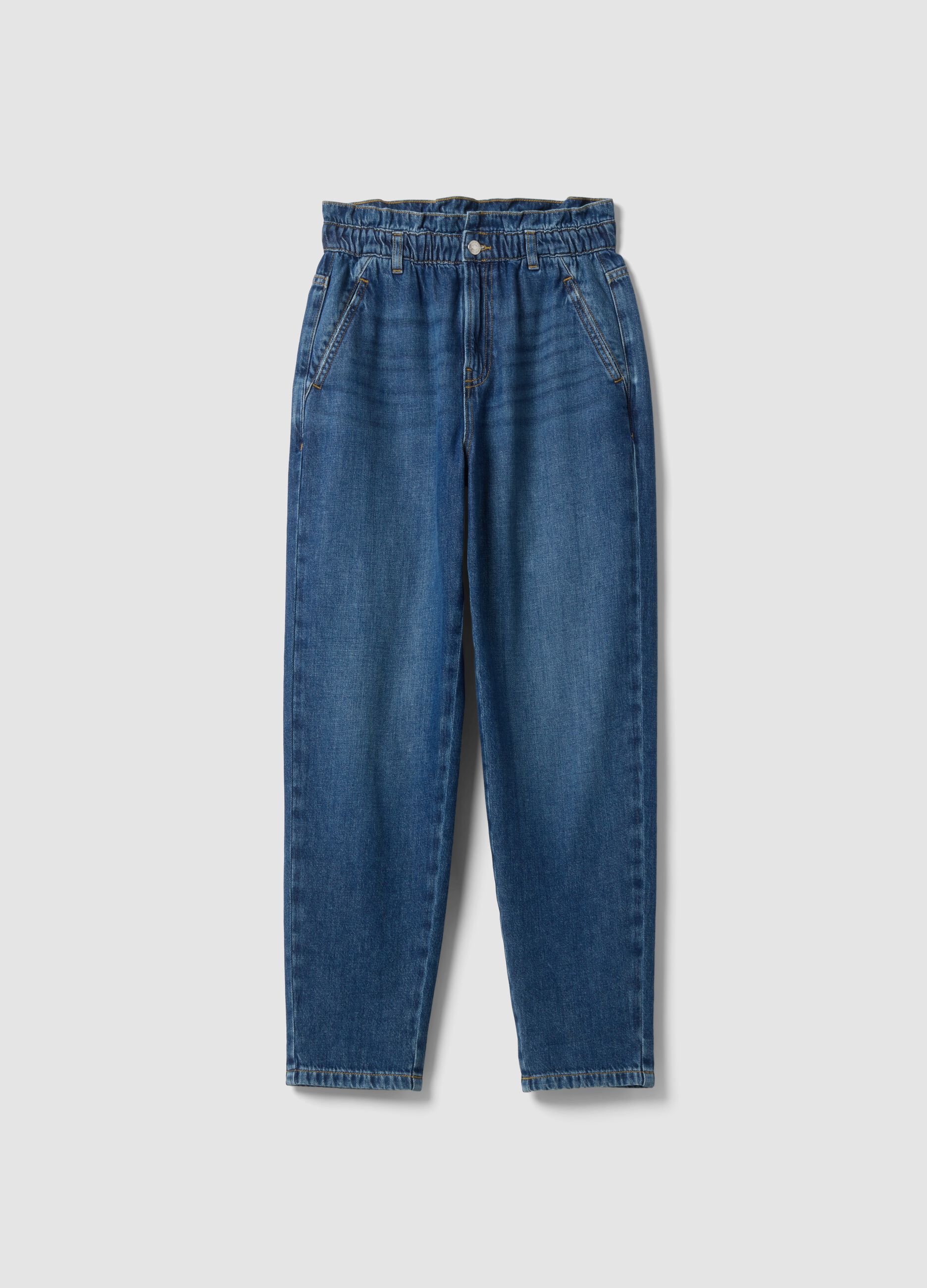 Jeans denim blu in puro cotone con vita paperbag baggy fit