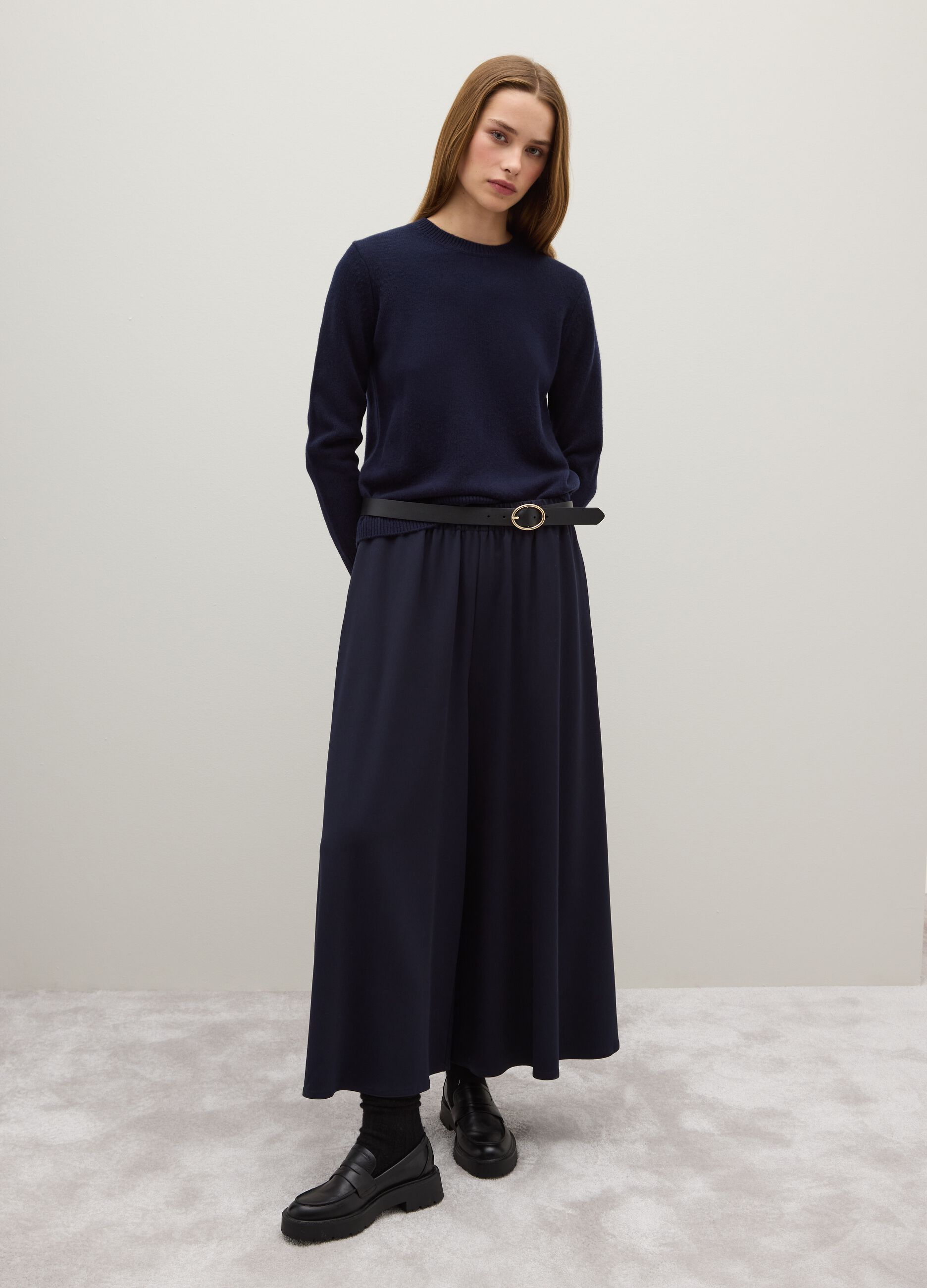 Blue Stretch Fabric Palazzo Trousers with Relaxed Fit