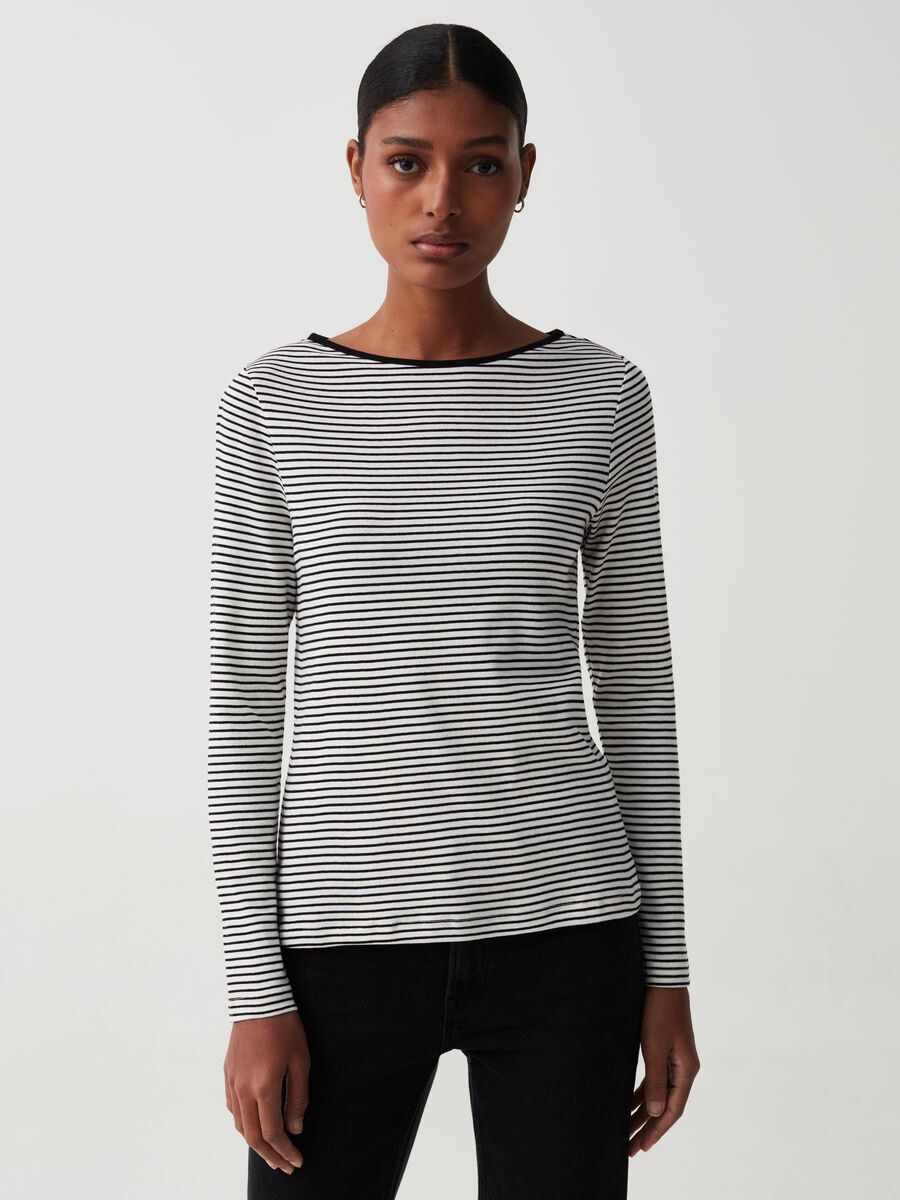 Slim striped T-shirt with boat neck_0
