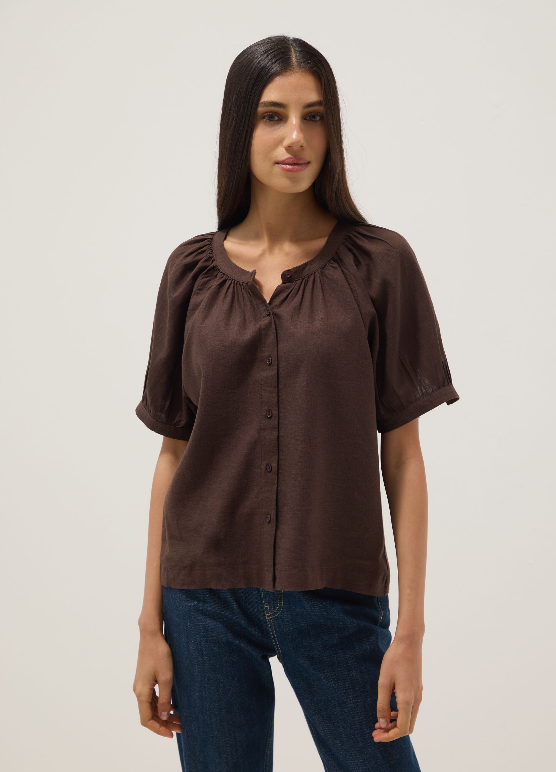 Brown linen blend regular fit shirt with Mandarin collar