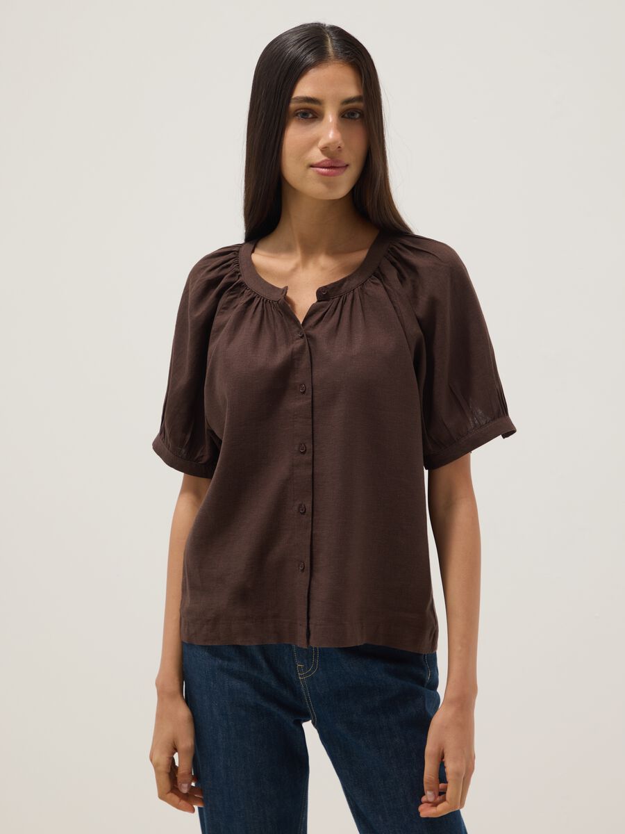 Brown linen blend regular fit shirt with Mandarin collar_1