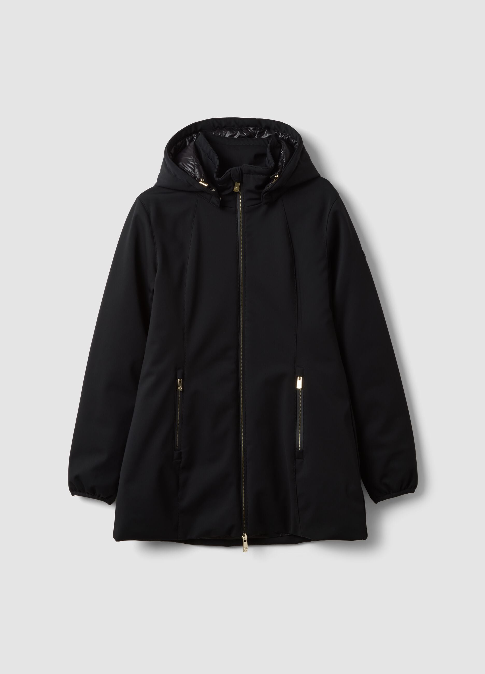 Black stretch-fabric parka with hood, regular fit