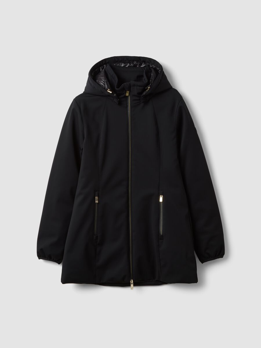 Parka nera in tessuto elasticizzato con cappuccio regular fit_4
