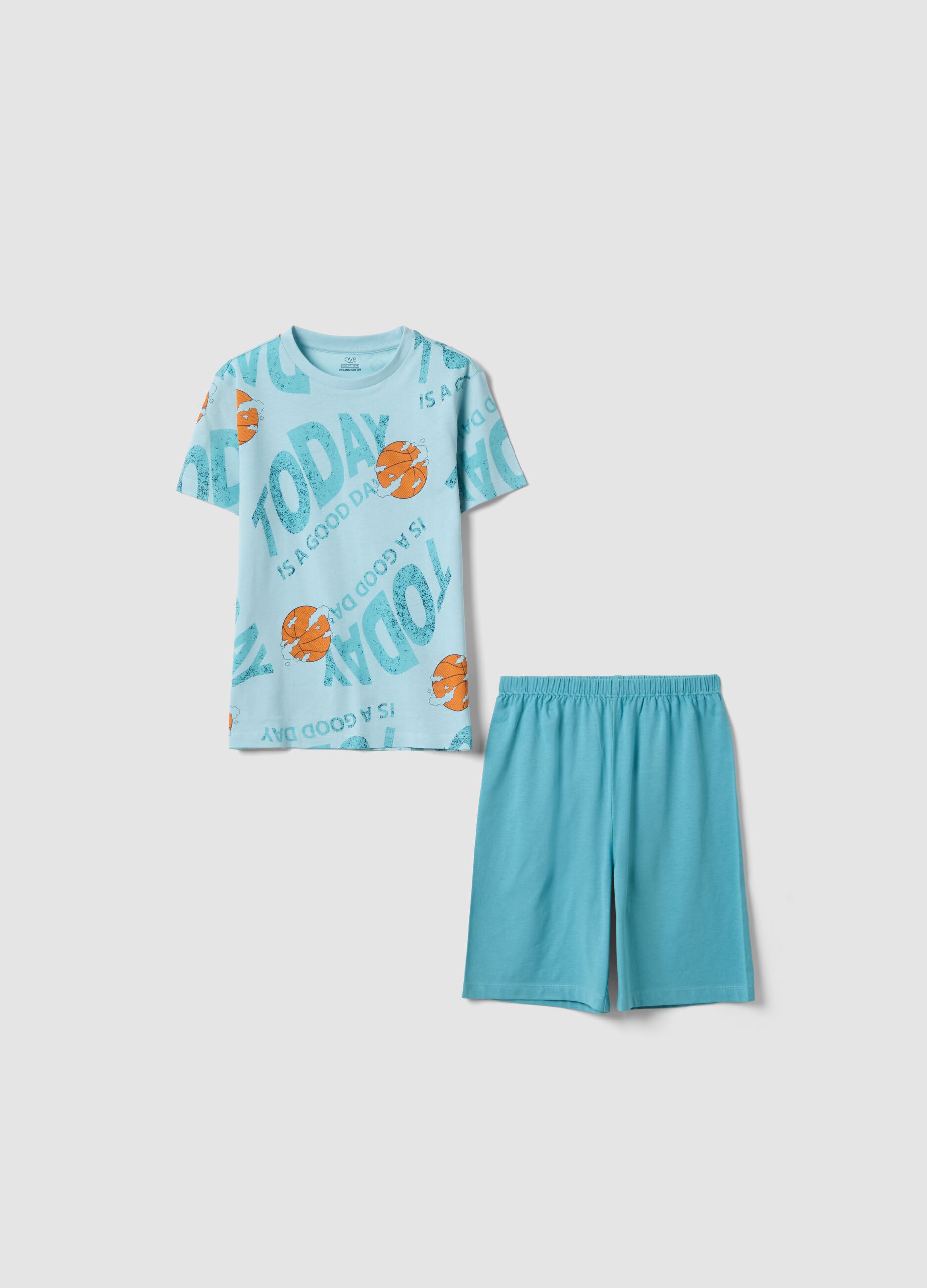 Pigiama corto in puro cotone azzurro da ragazzo con stampe