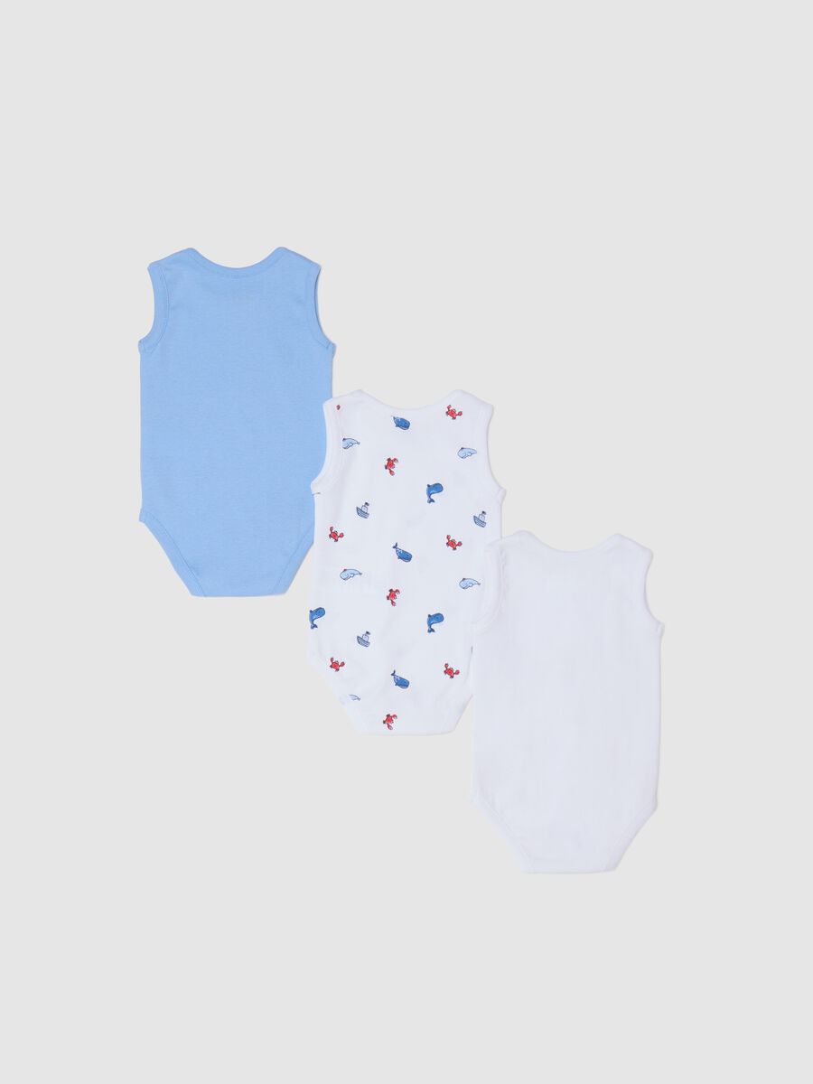 Three-pack white and light blue bodysuits in organic cotton with print_1