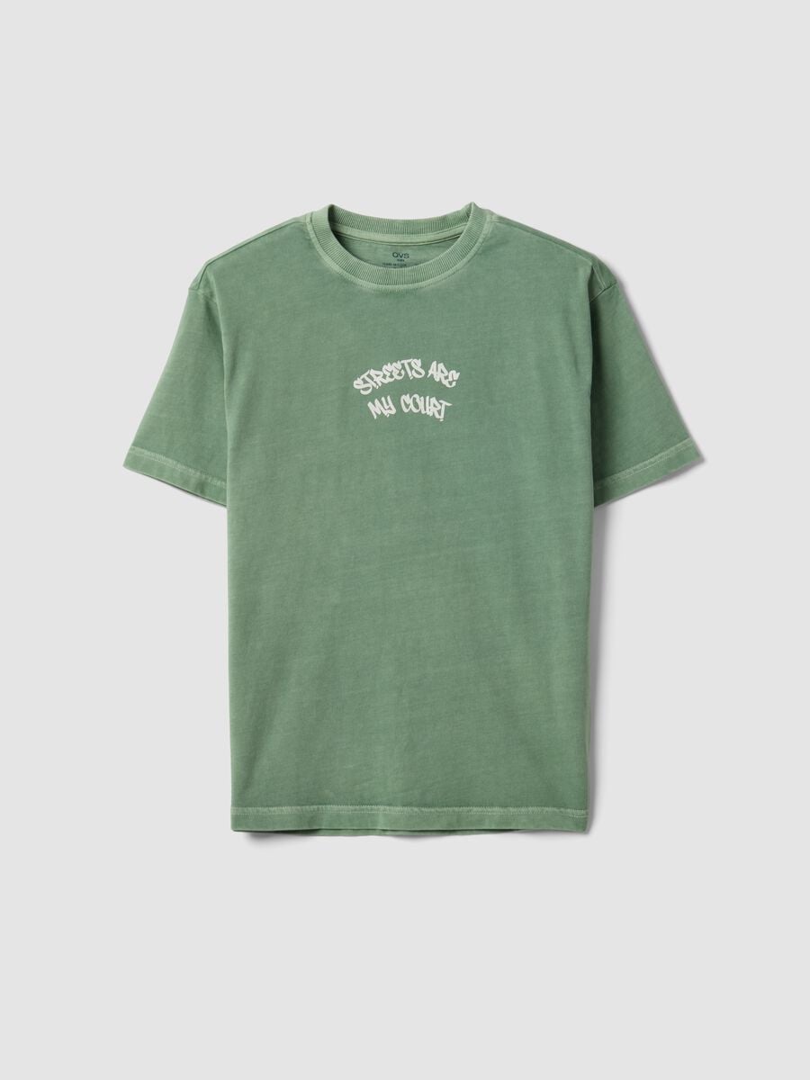 Green oversized pure cotton T-shirt with "Streets are my court" slogan for boys_3