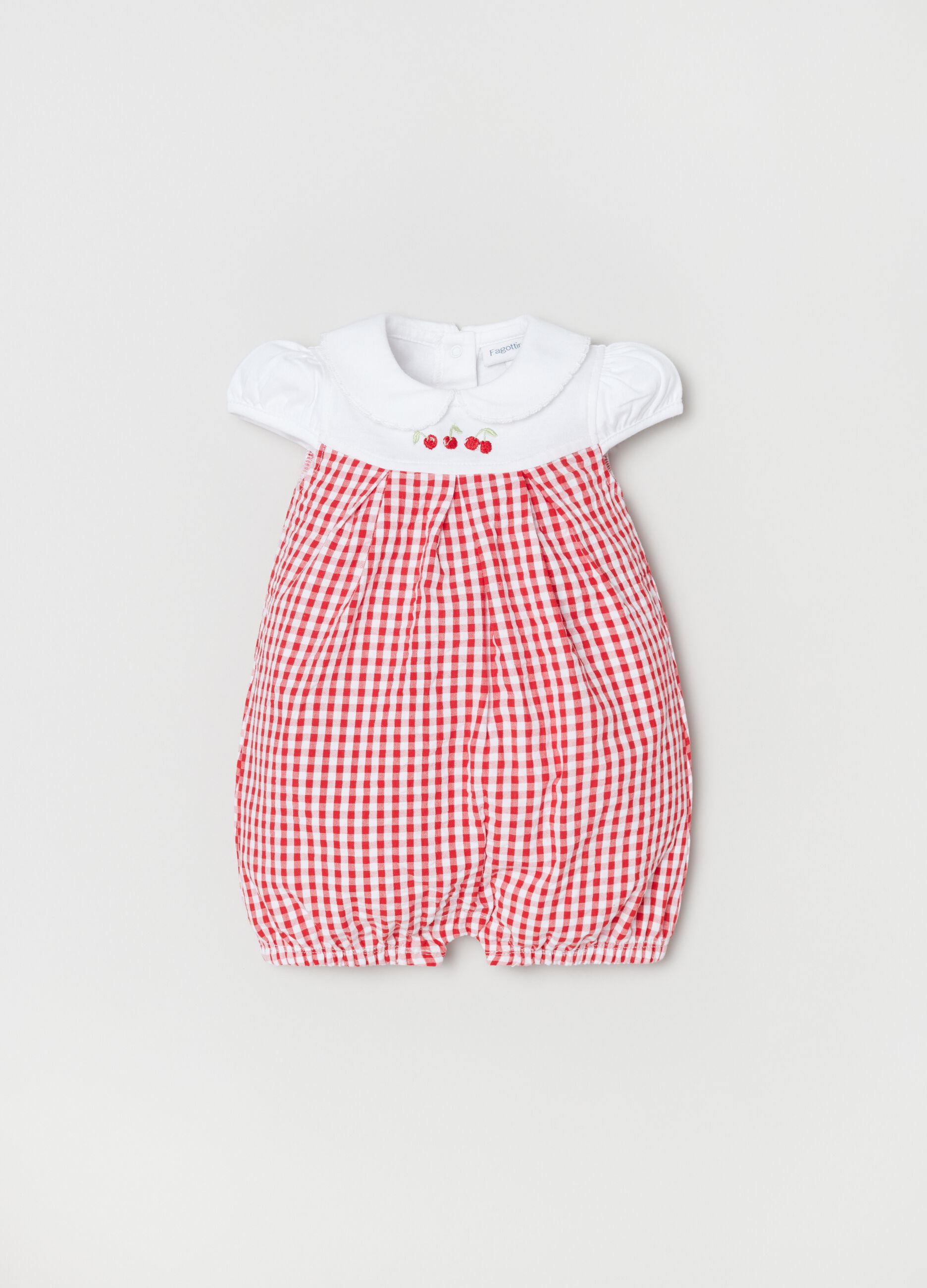 Gingham romper suit with cherries embroidery