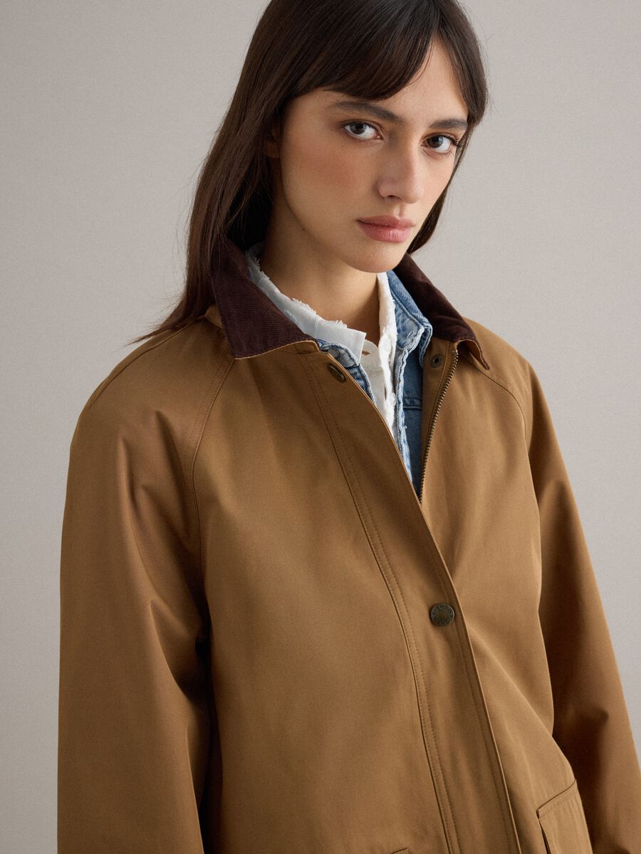 Giacca in misto cotone marrone regular fit con colletto a contrasto_3