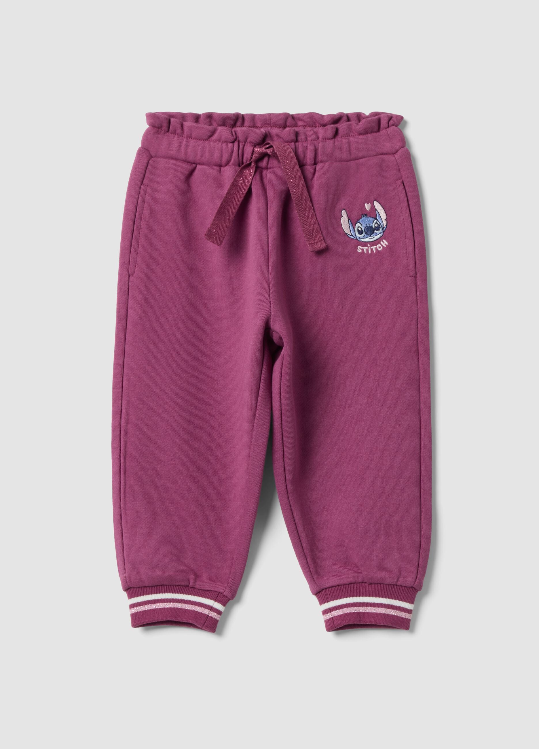 Purple pure cotton jogger trousers with Lilo & Stitch embroidery for baby girl