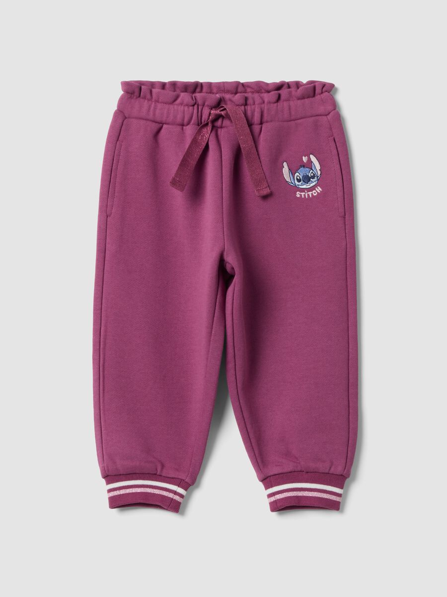 Pantaloni jogger viola in puro cotone con ricamo Lilo & Stitch per bimba_0