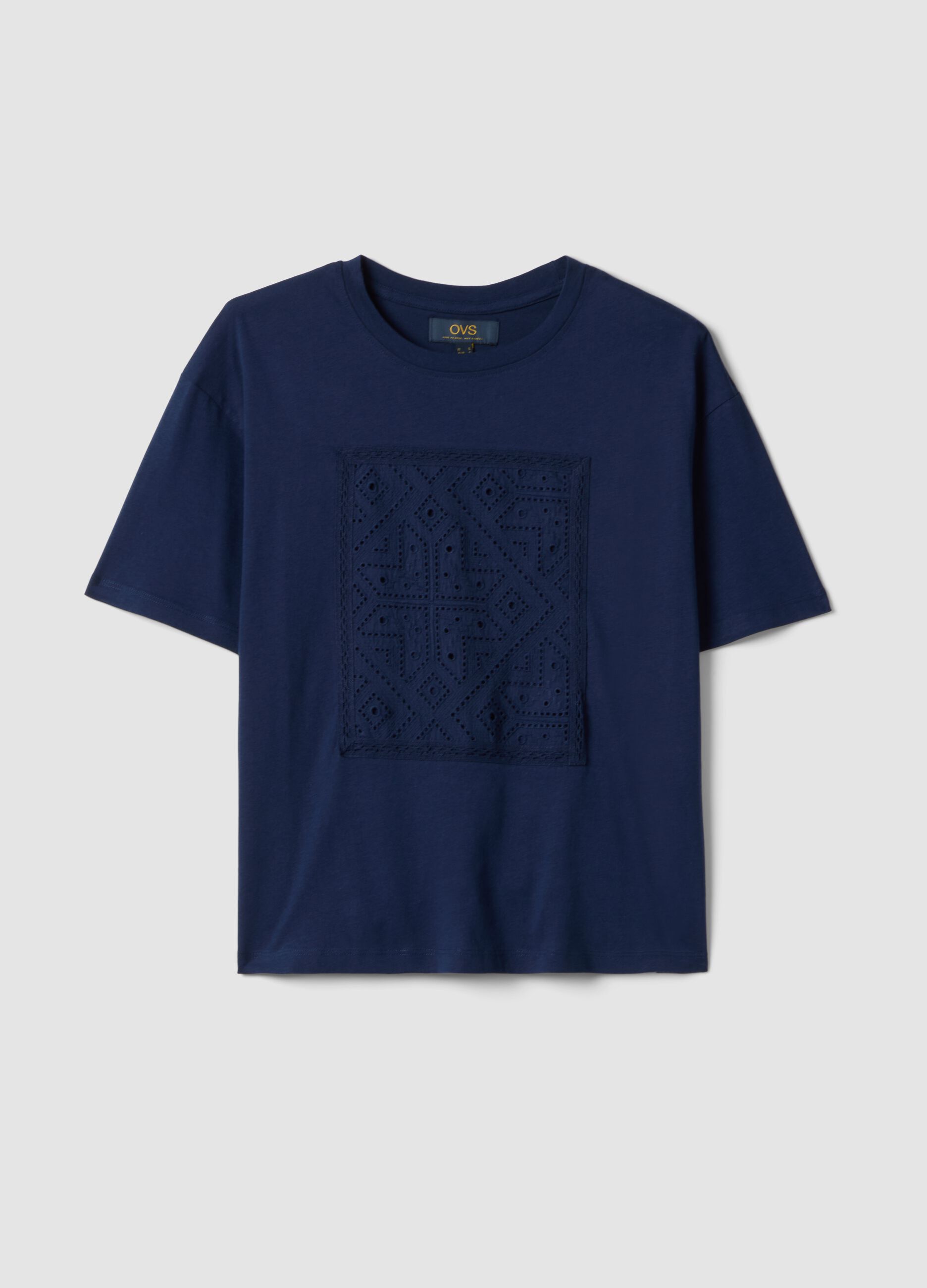Blue regular-fit pure cotton T-shirt with perforated detail