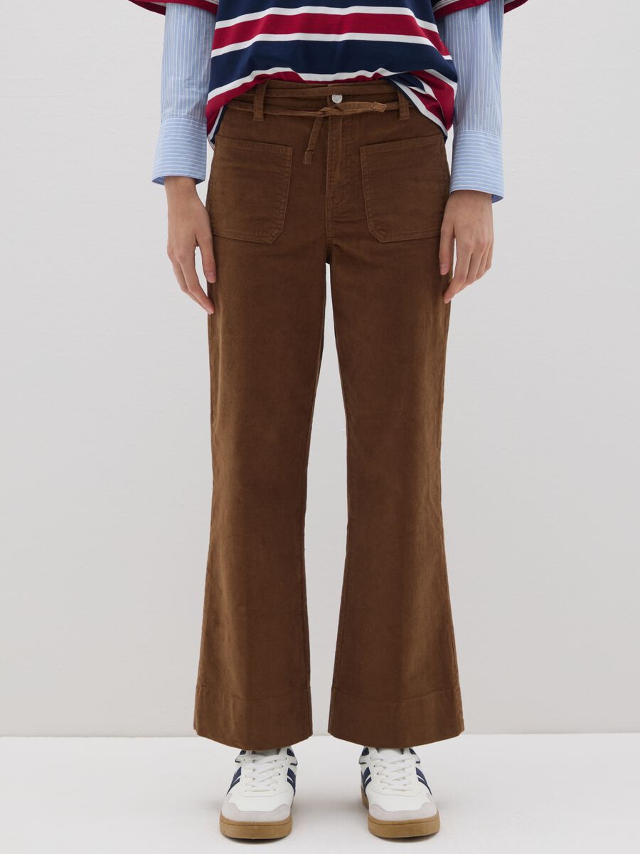 Brown Flare Stretch Corduroy Trousers_1