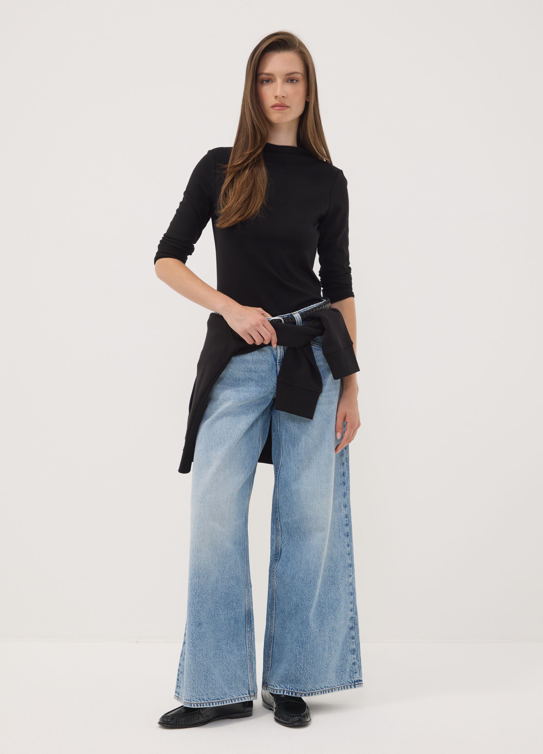 Black stretch viscose crew-neck T-shirt