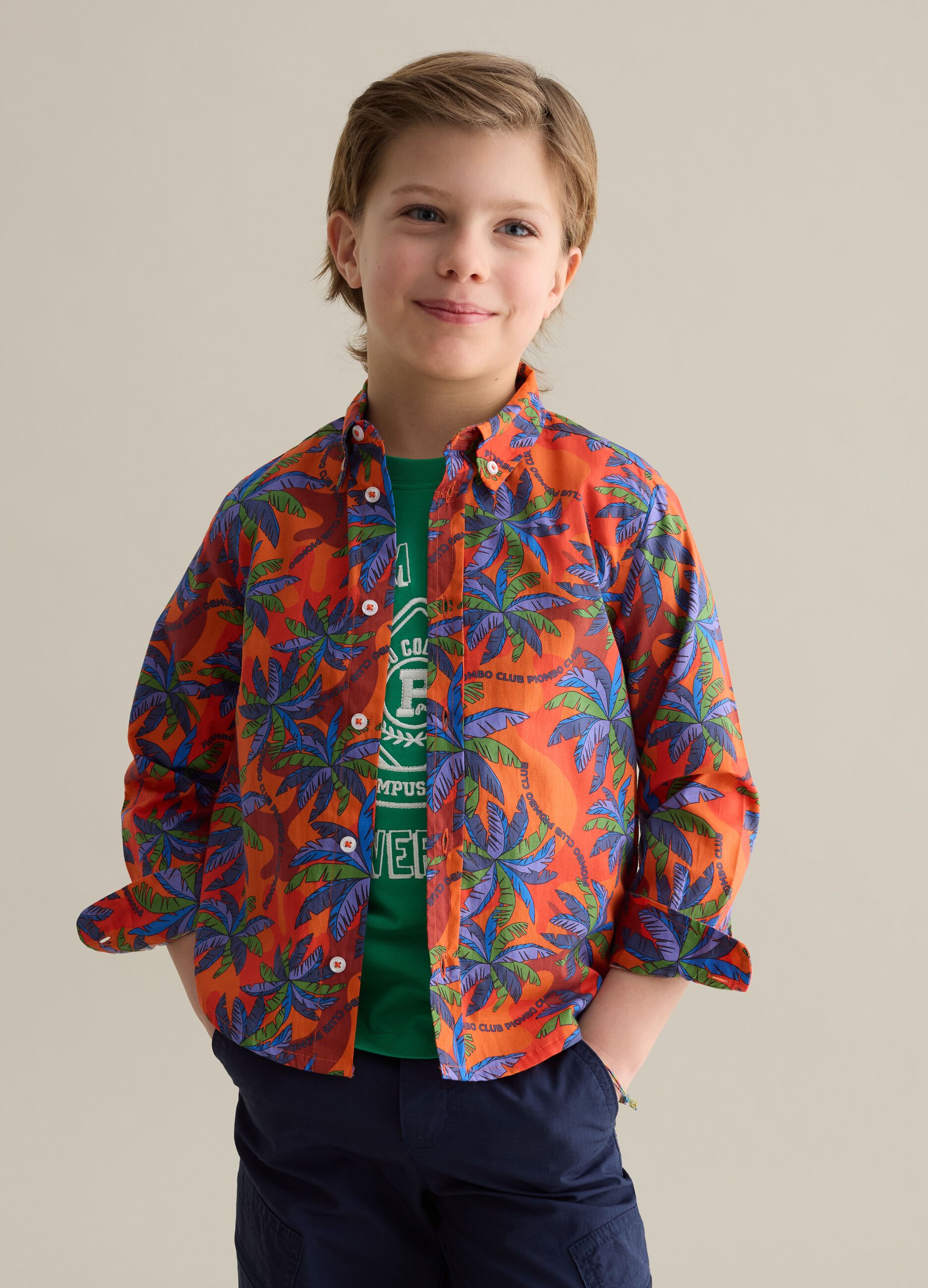 Cotton button-down shirt with palms print