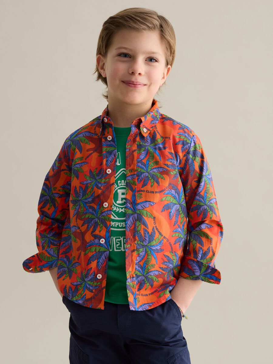 Cotton button-down shirt with palms print_0