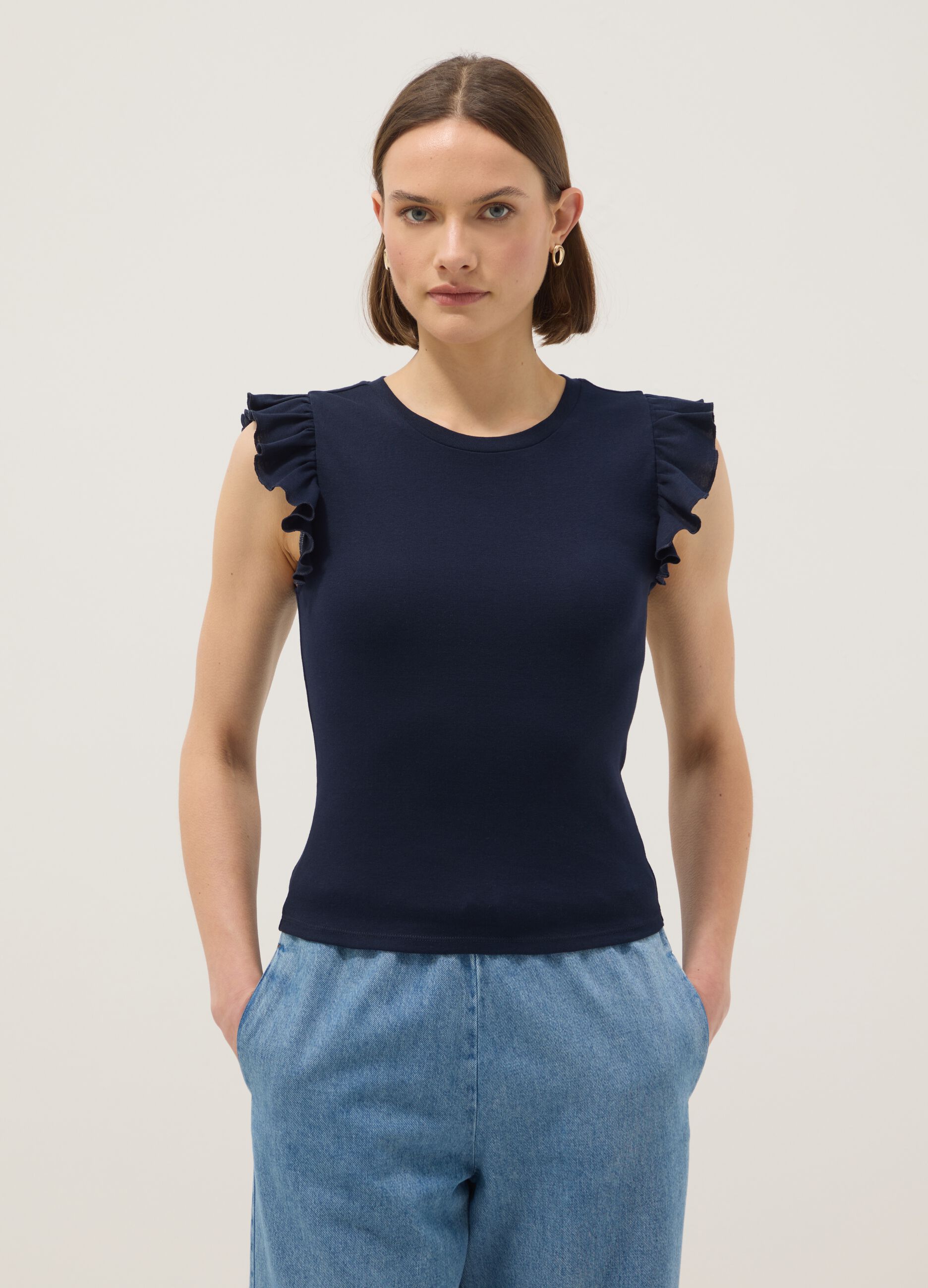 Slim fit blue pure cotton T-shirt with ruffles