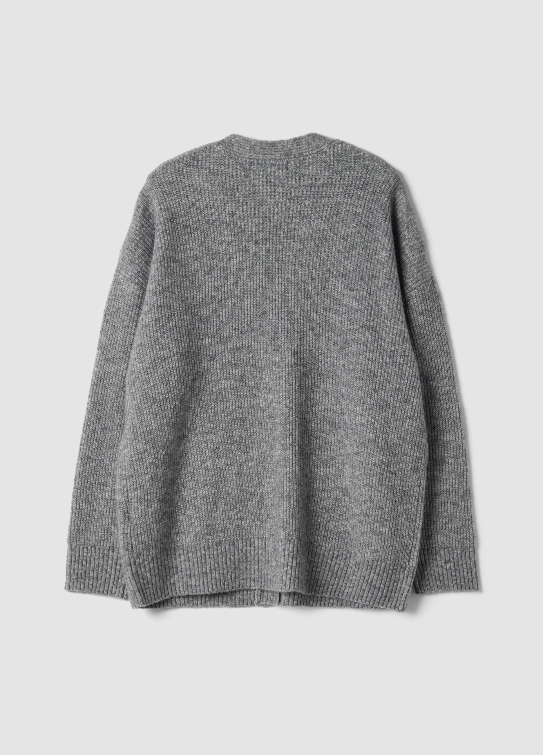 Grey stretch-fabric cardigan with deep V-neck