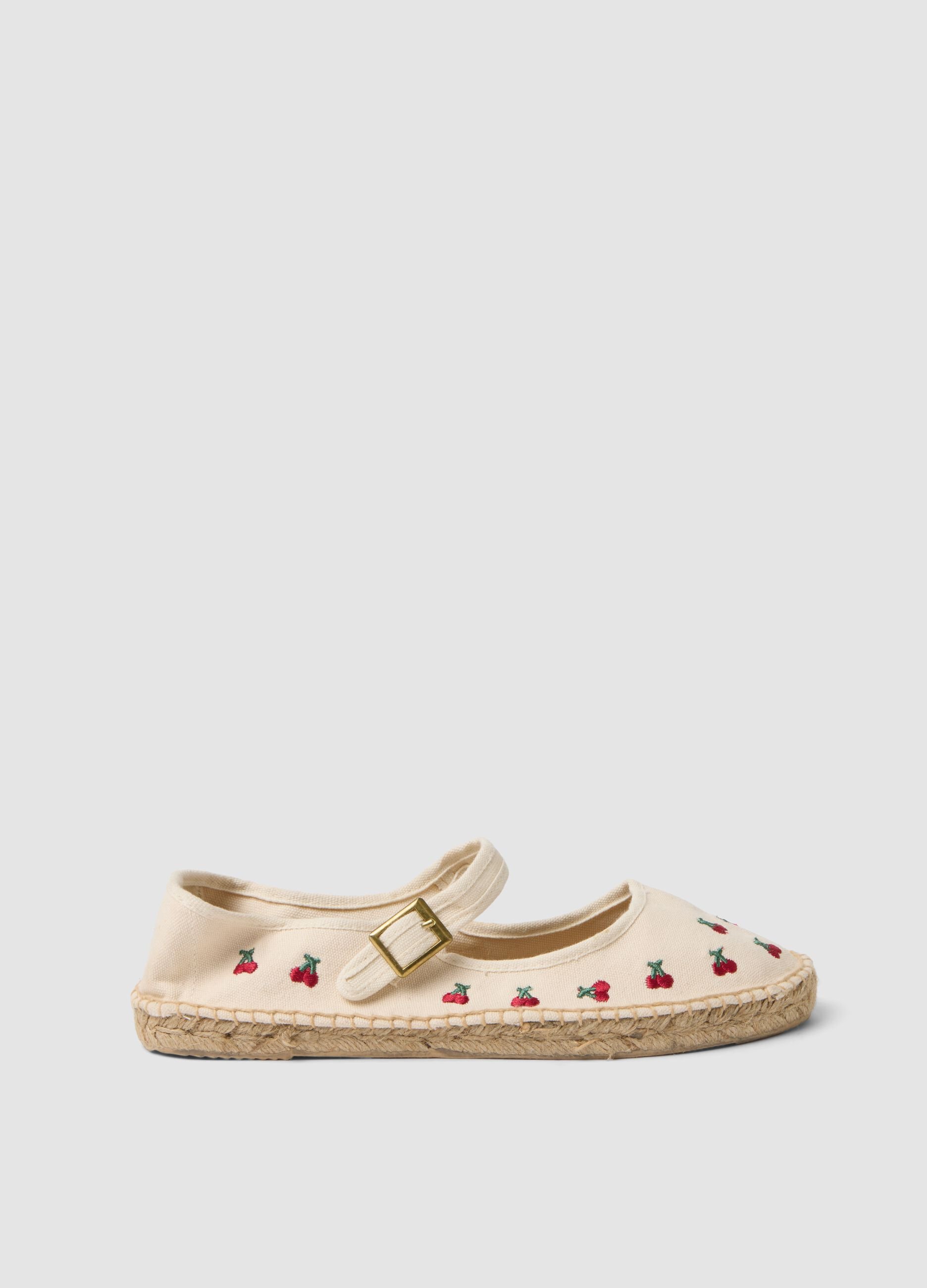 Beige espadrilles with cherry embroidery and ankle strap