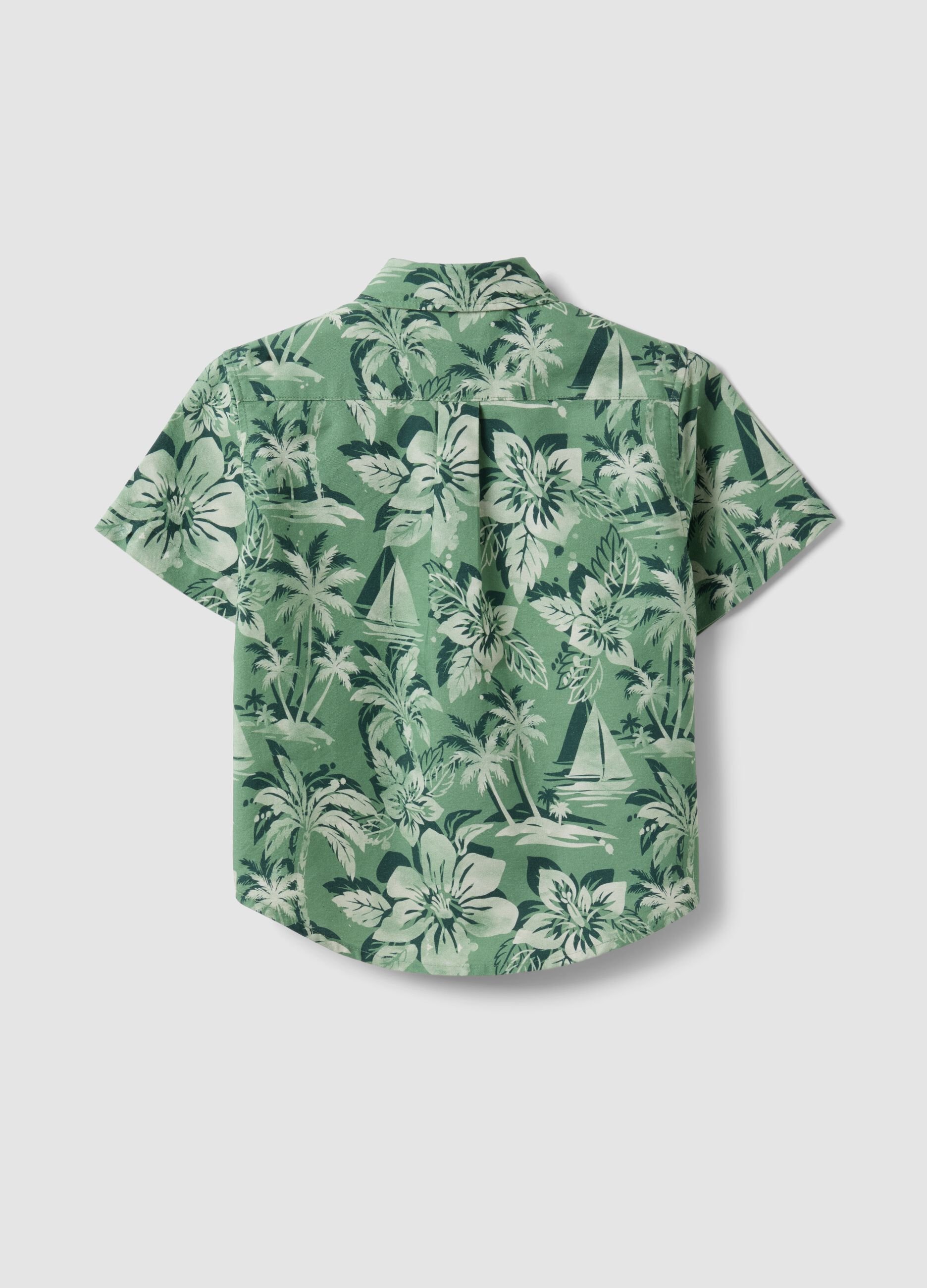 Camicia verde in puro cotone con stampa tropicale over fit
