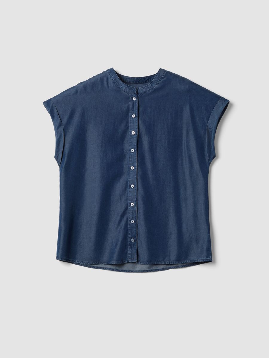 Camicia in puro lyocell blu regular fit con collo alla coreana_4